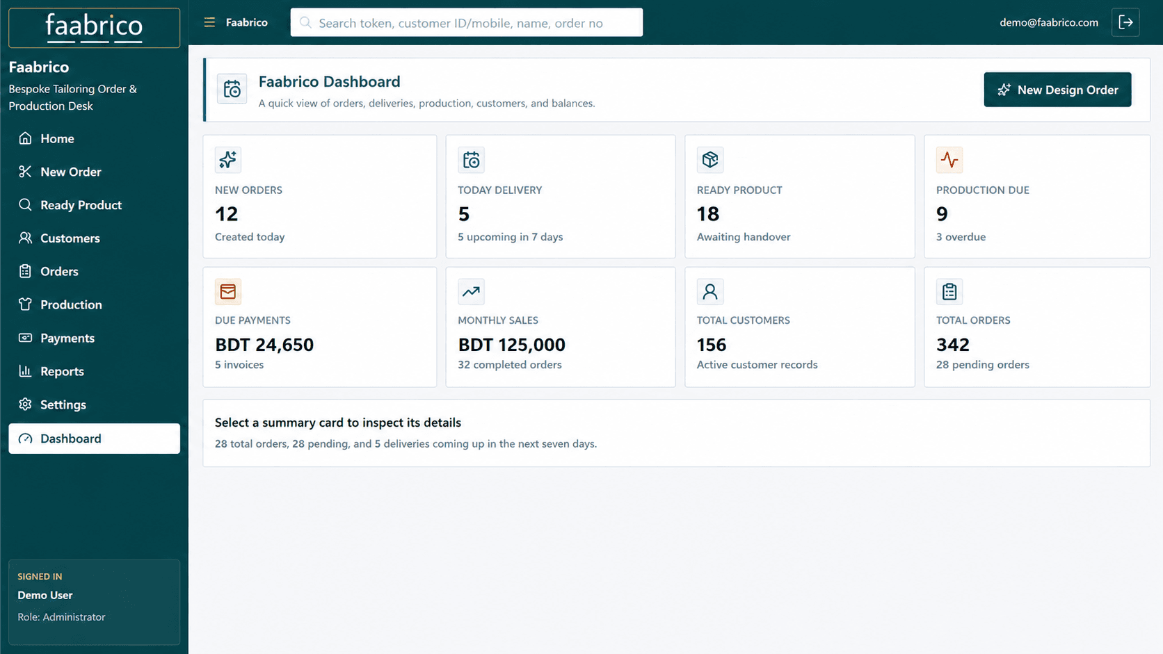 Tailoring business management dashboard showing orders, production, customers, delivery and payment information
